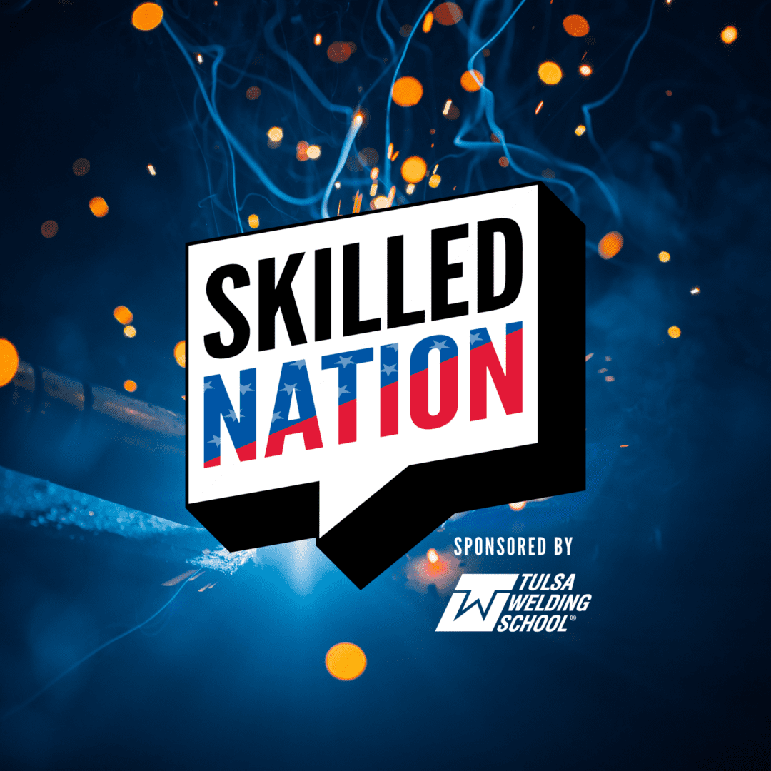 Skilled Nation logo with dynamic blue and orange background.