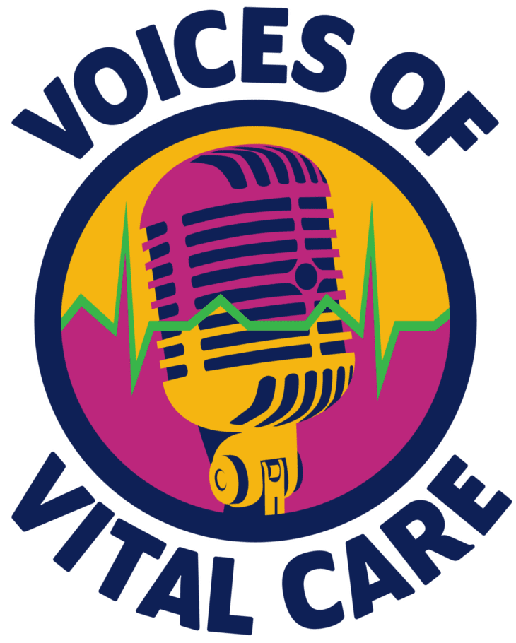 Retro microphone logo with 'Voices of Vital Care' text in vibrant colors.
