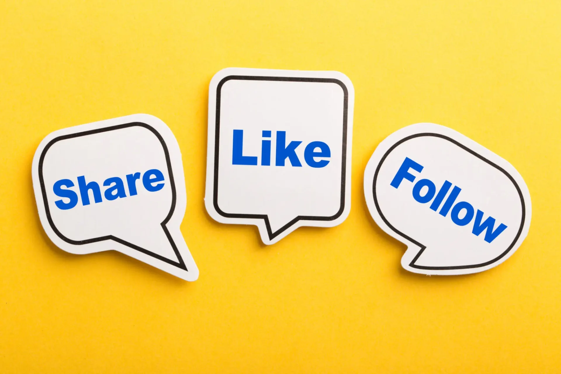 Social media icons for share, like, and follow on yellow background.