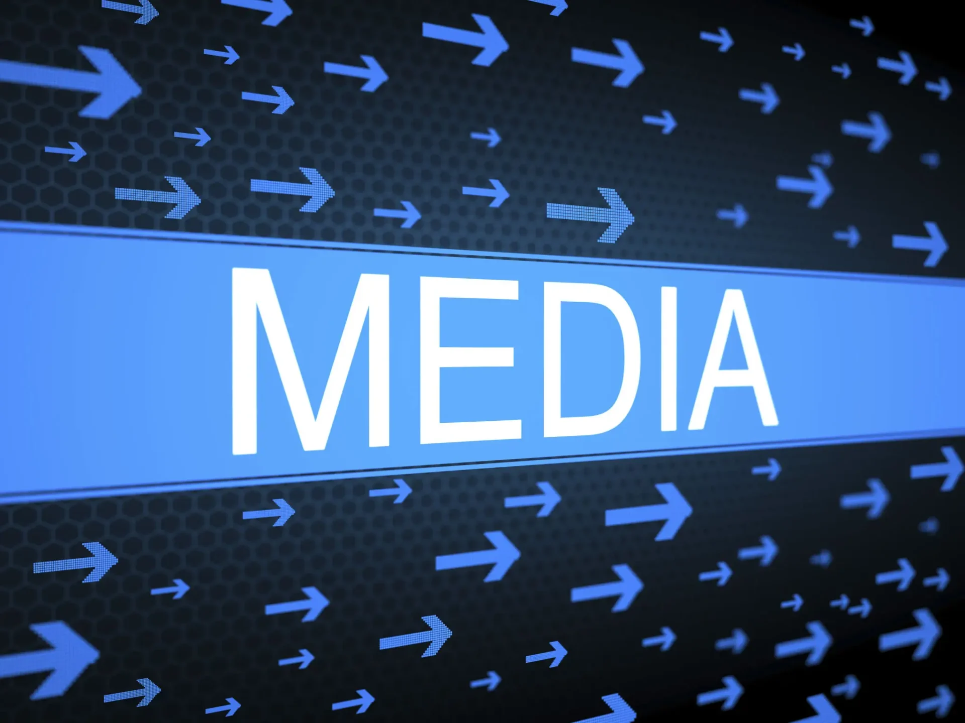 Blue media sign with directional arrows in the background.