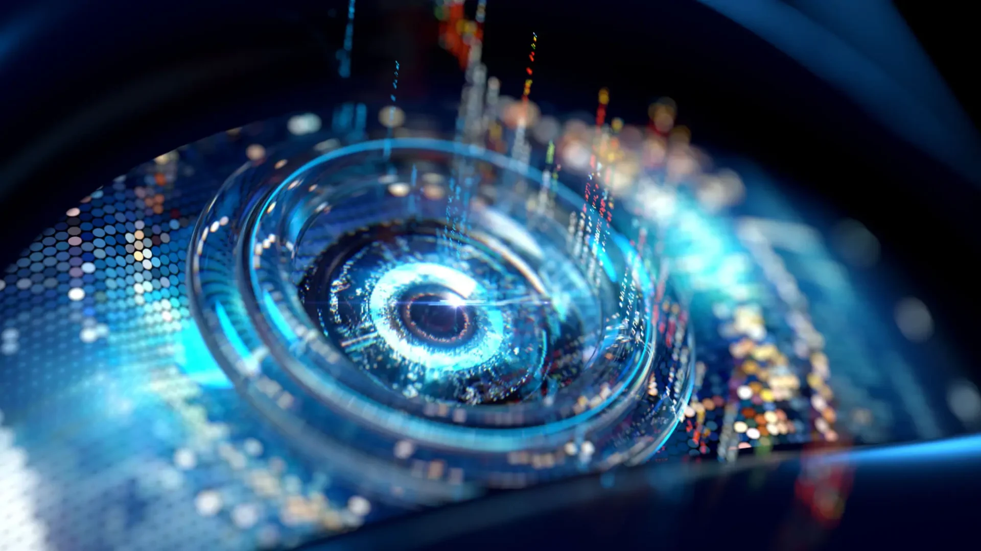 Close-up of a futuristic digital interface with vibrant blue lights.