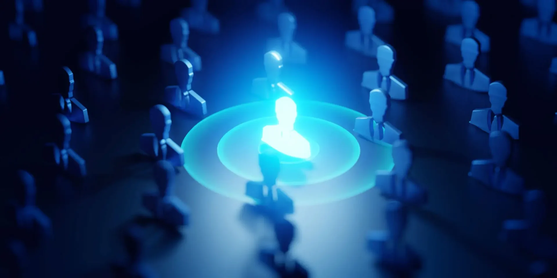 Glowing figure highlighted among others in a digital network.