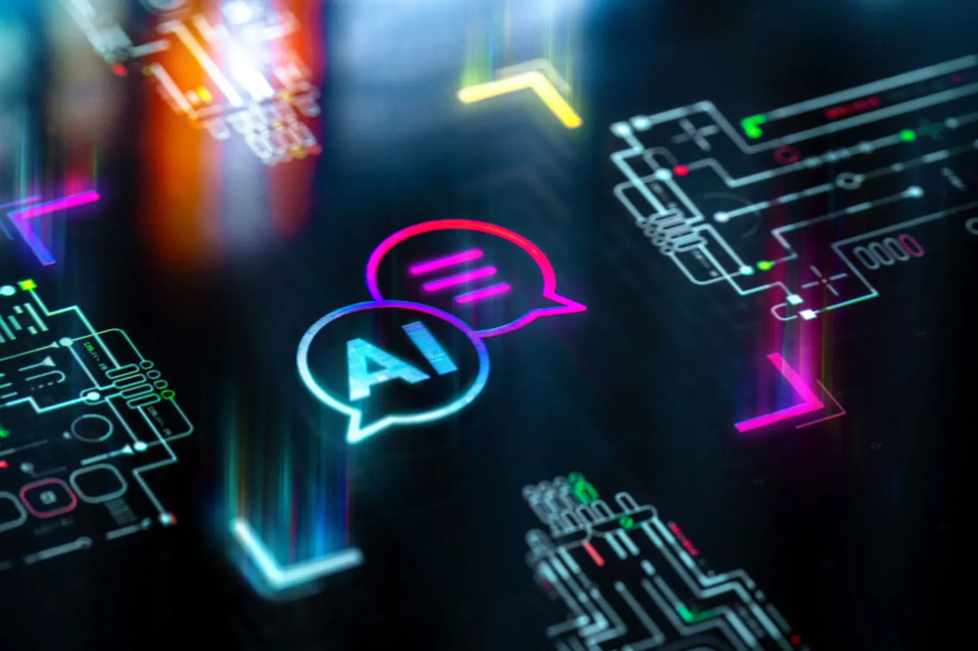 Glowing neon icons representing AI and digital communication.