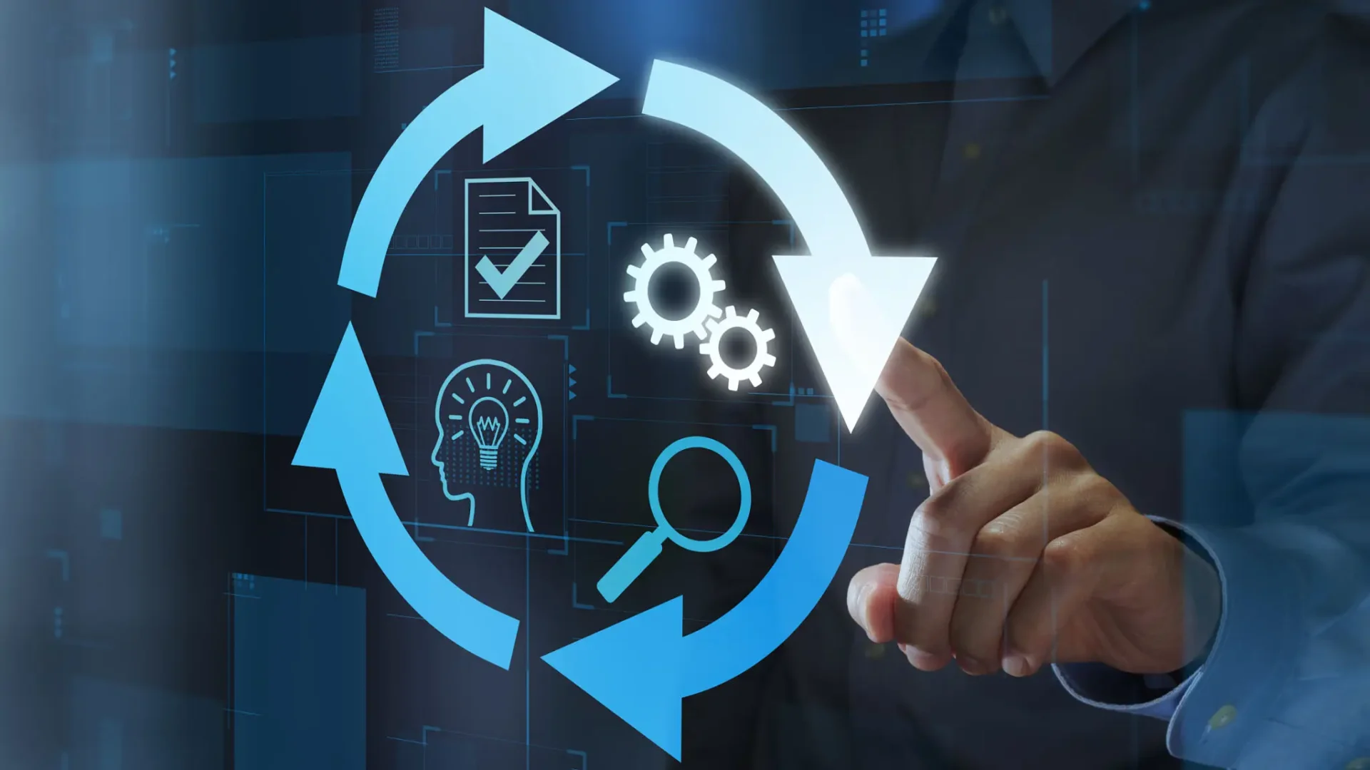 Hand interacting with a digital cycle of innovation and progress icons.