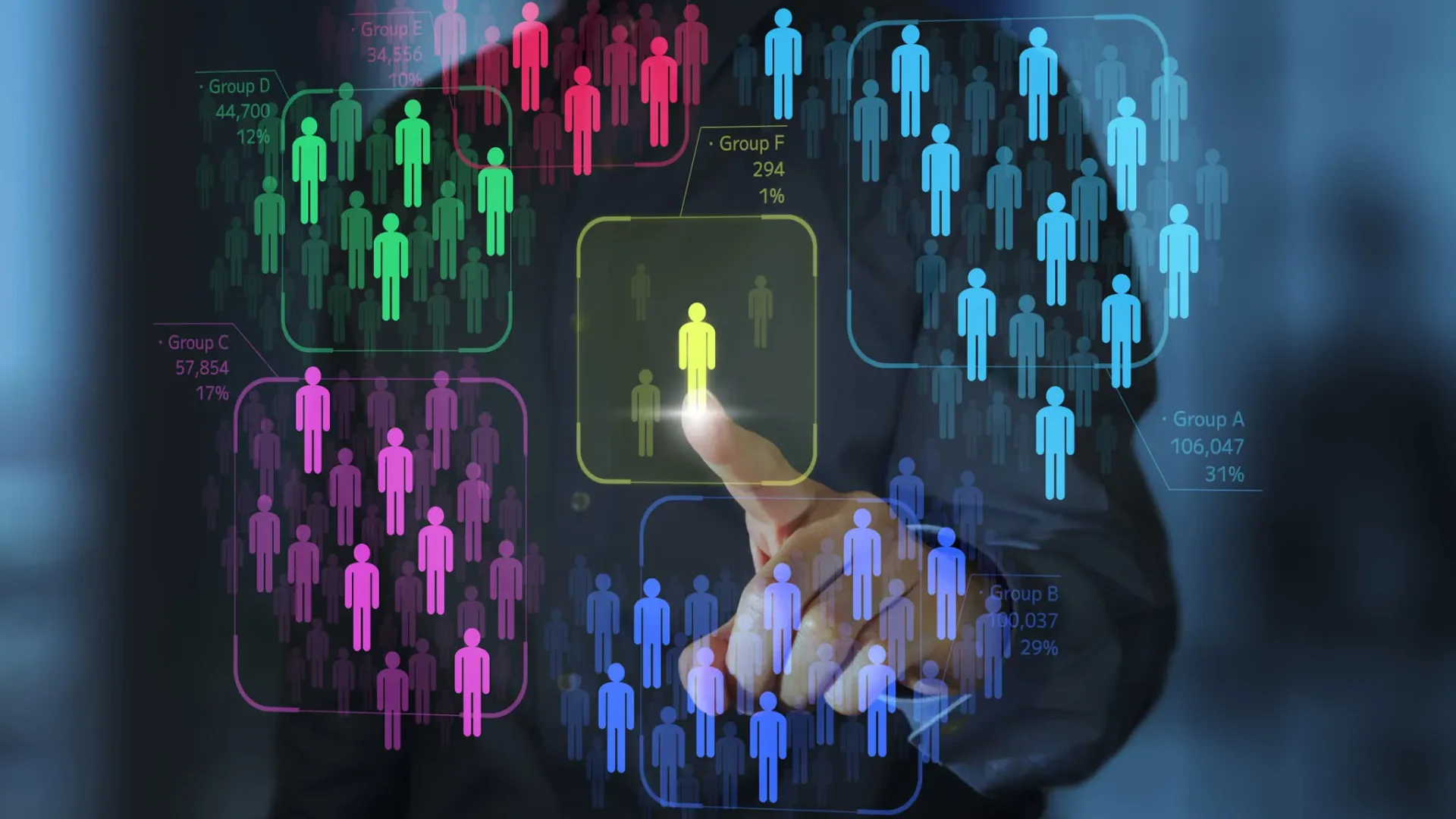 Hand selecting a highlighted figure among colorful icons representing people.