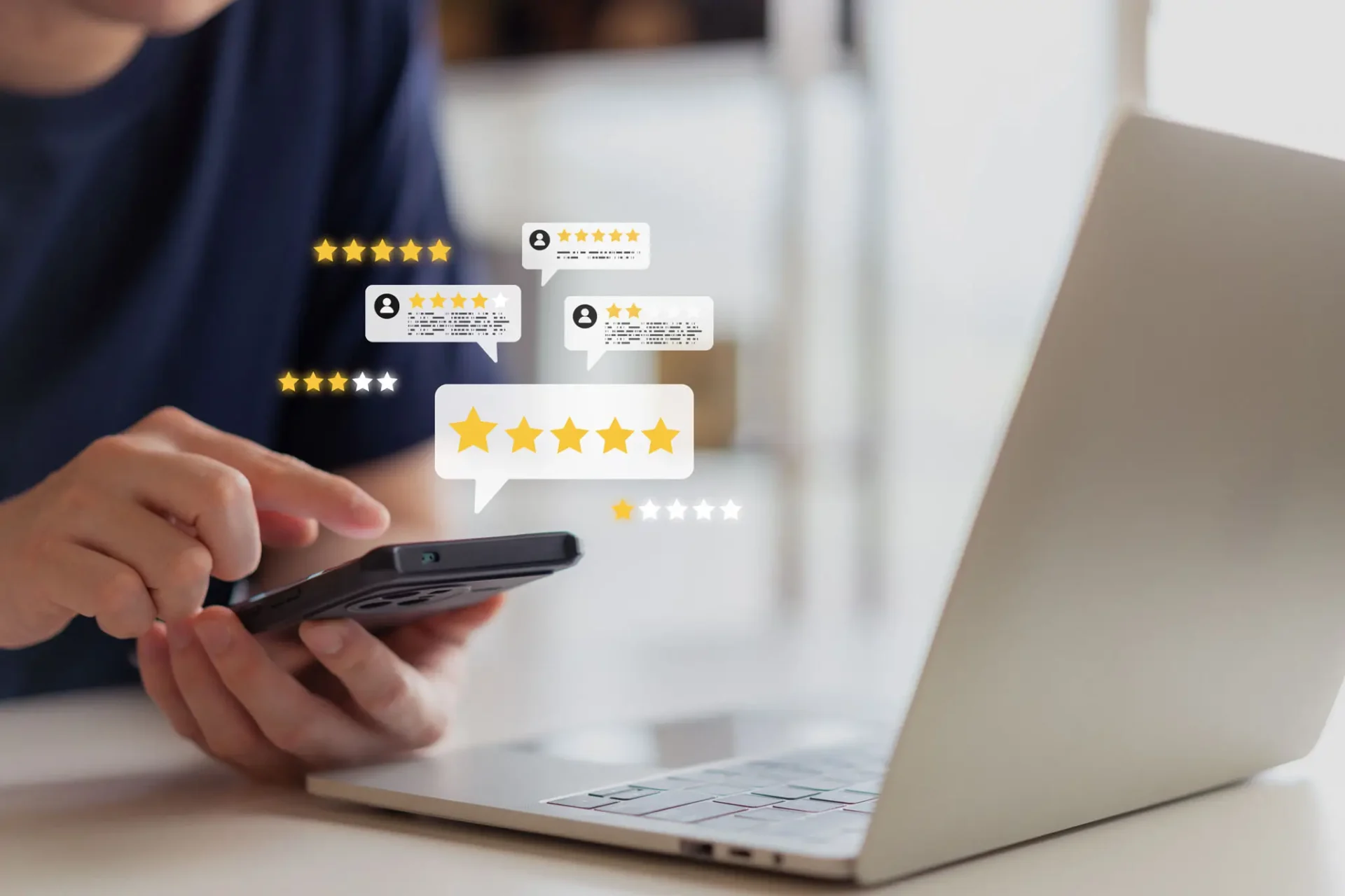 Person using smartphone with online star rating feedback visible.