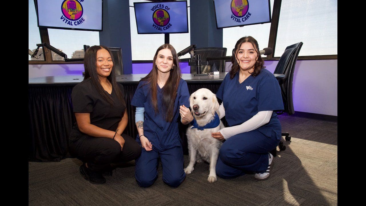 Three veterinary professionals with a therapy dog in a clinic setting.