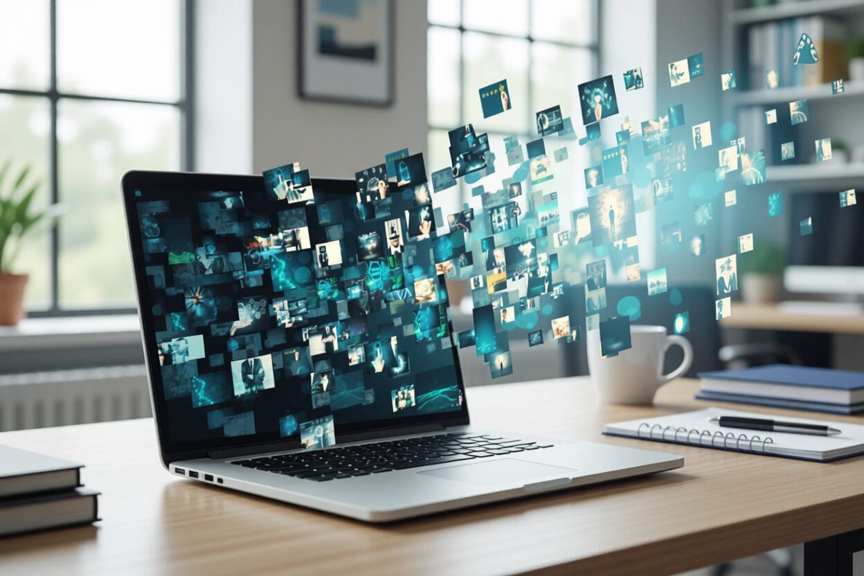 Laptop with floating digital image thumbnails