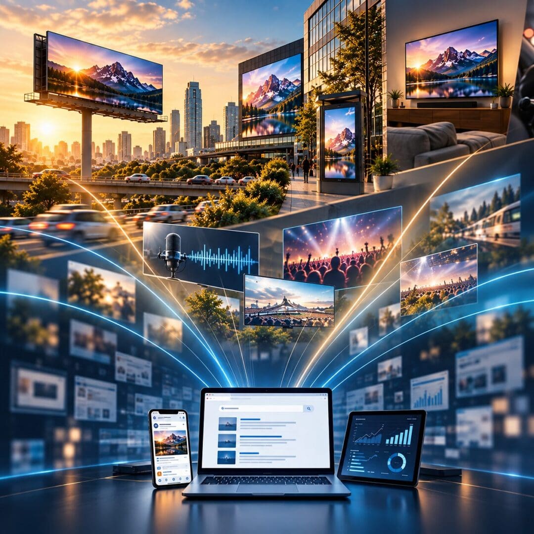 Digital media displays in a cityscape setting.